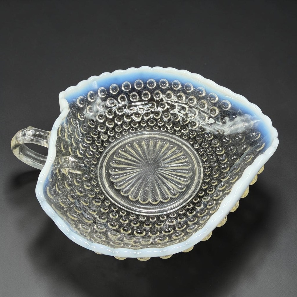 Anchor Hocking Moonstone Hobnail Opalescent Glass Bowl Ruffled Edge W Handle